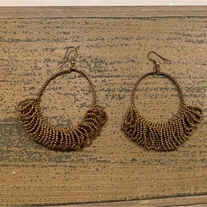 Gold/Bronze Beaded Hoop Earrings - 2 1/2 Inch Hoop Length & 2 Inch Hoop Width